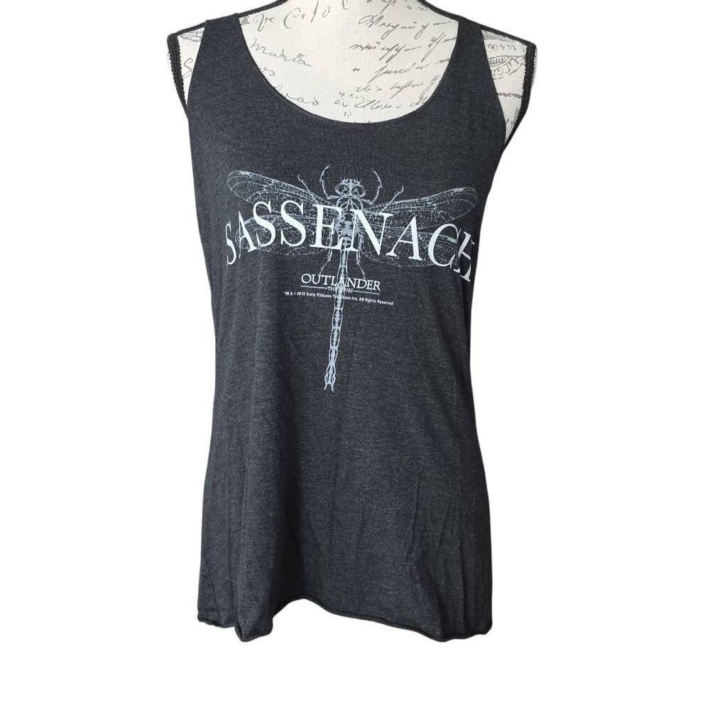 Outlander Women's Size Large Heathered Black Sassenach Dragonfly Racerback Tank